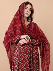 Maroon Rayon Printed Kurti Pant Dupatta Set