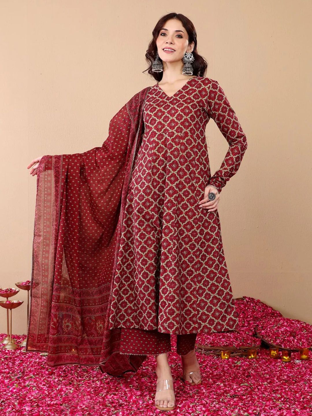 Maroon Rayon Printed Kurti Pant Dupatta Set