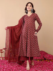 Maroon Rayon Printed Kurti Pant Dupatta Set
