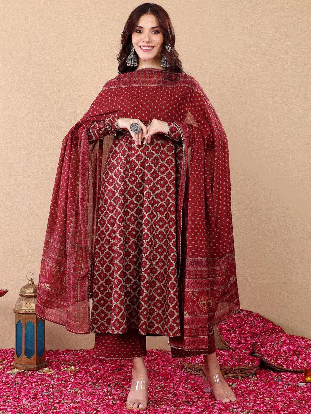 Maroon Rayon Printed Kurti Pant Dupatta Set
