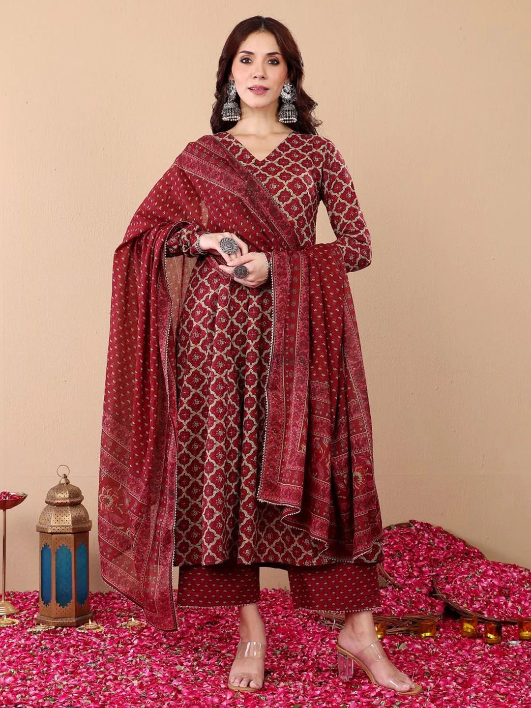 Maroon Rayon Printed Kurti Pant Dupatta Set
