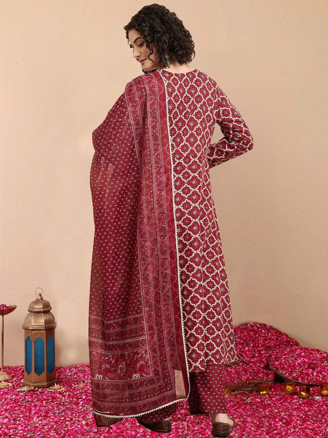 Maroon Rayon Printed Kurti Pant Dupatta Set